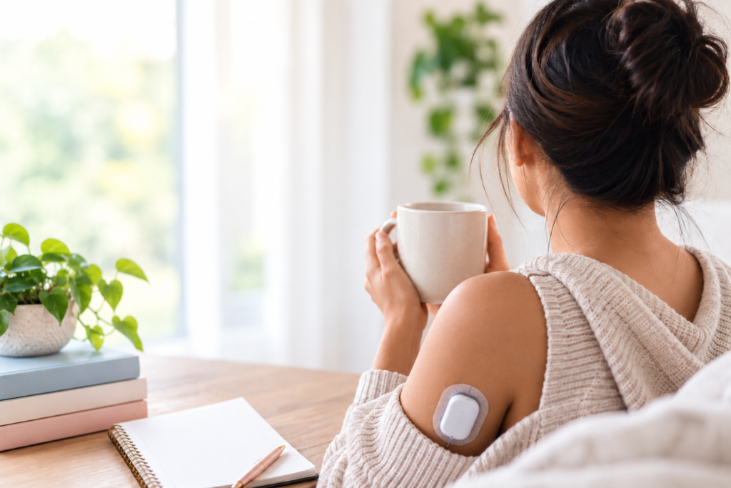 Woman wearing a continuous glucose monitor while sitting at a desk